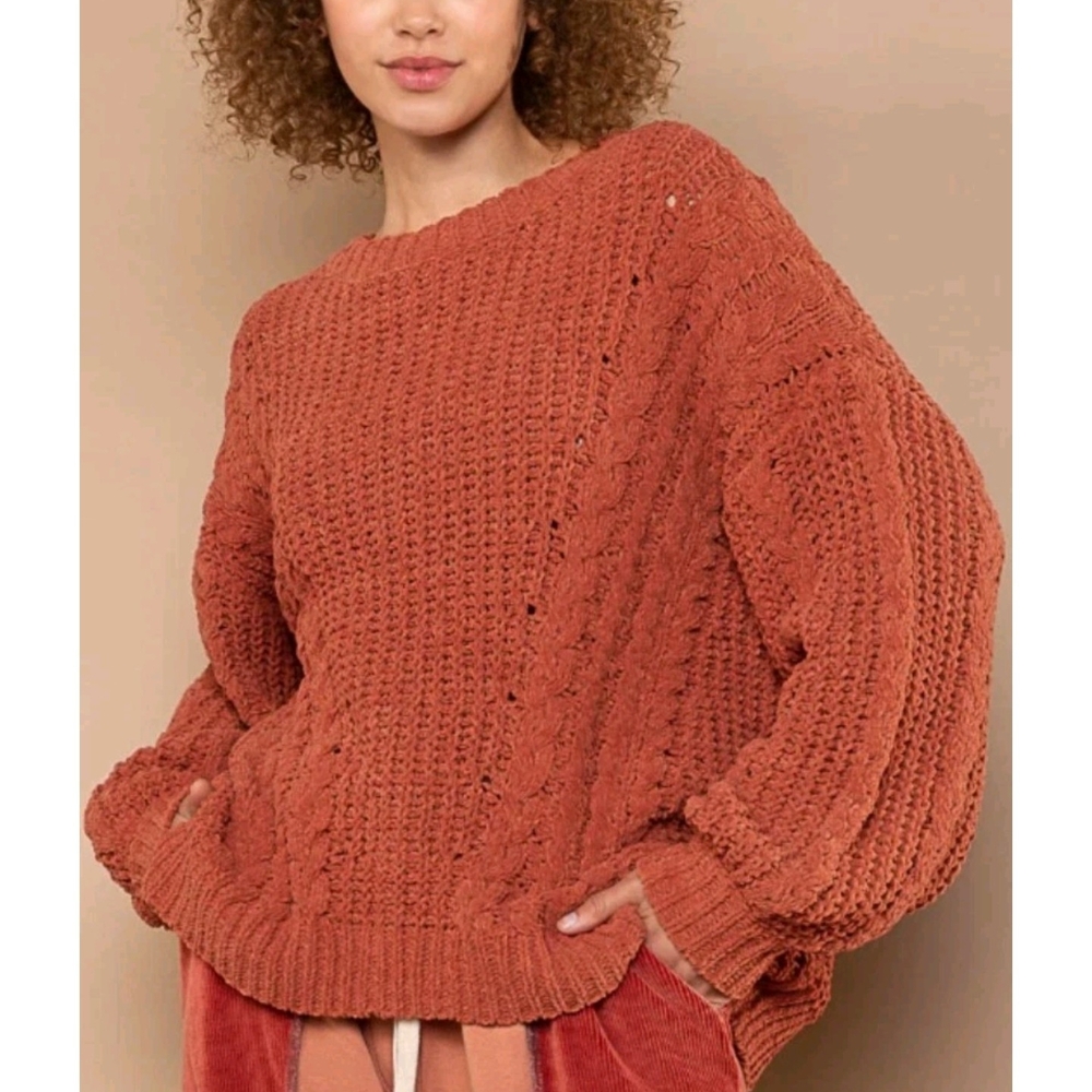 POL Clothing Women's Oversized Cable Knit Chenille Sweater Rust Pumpkin Size S